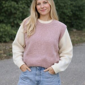 Vtg Silk/ Angora Pink/Cream Soft Knit  Chunky Soft Girl Pullover Sweater Sz M